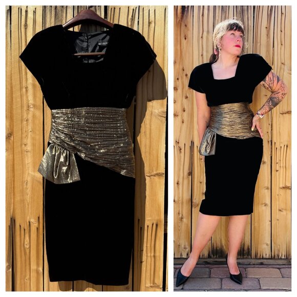 Vintage Dress 80s Black Velvet Gold Lame Fitted Formal Cocktail Sheath S - Picture 1 of 16